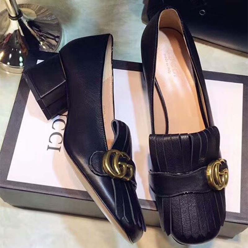 Gucci Women Shoes Leather Mid-Heel Pump 50mm Heel-Black