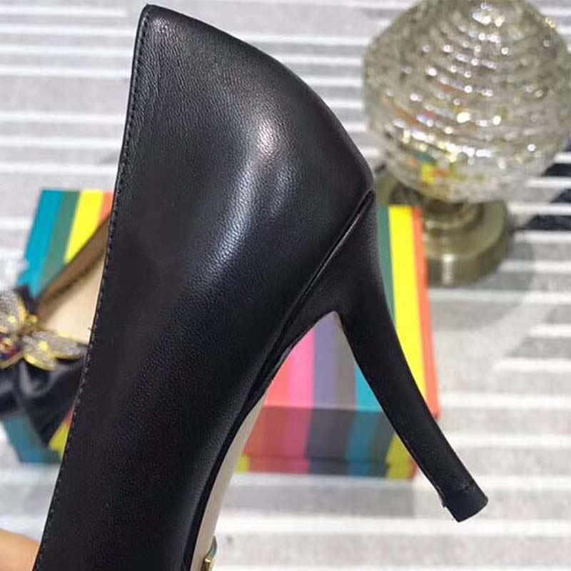 Gucci Women Shoes Leather Mid-Heel Pump with Bow 75mm Heel-Black