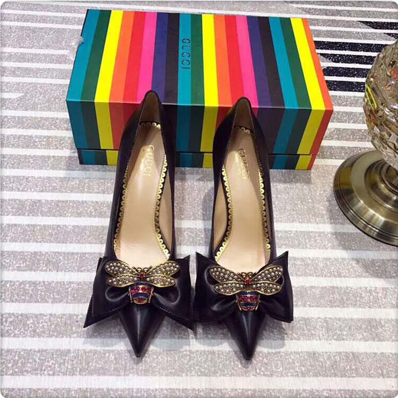 Gucci Women Shoes Leather Mid-Heel Pump with Bow 75mm Heel-Black