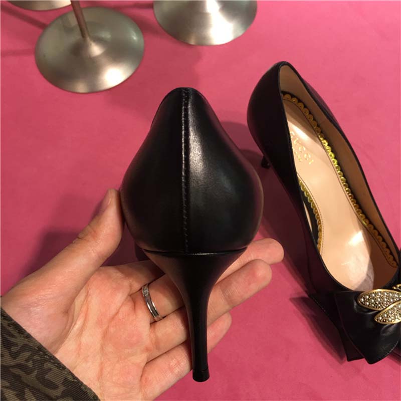 Gucci Women Shoes Leather Mid-Heel Pump with Bow 75mm Heel-Black