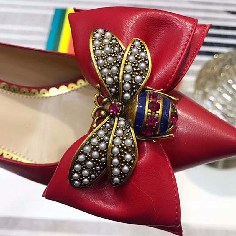 Gucci Women Shoes Leather Mid-Heel Pump with Bow 75mm Heel-Red