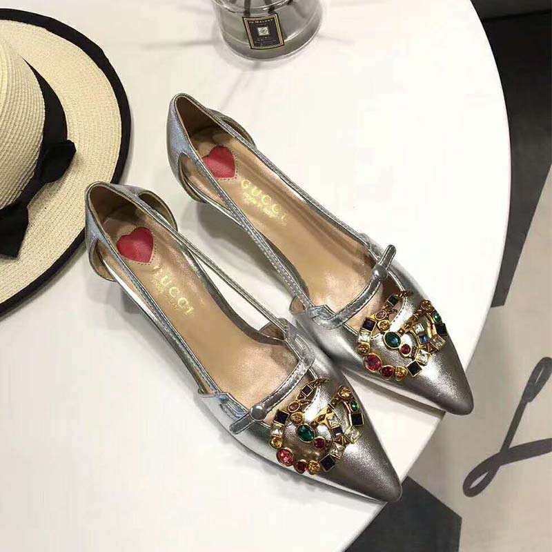 Gucci Women Shoes Metallic Leather Pump with Crystal Double G 50mm Heel-Silver
