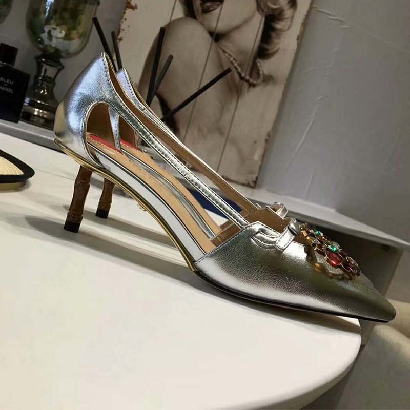 Gucci Women Shoes Metallic Leather Pump with Crystal Double G 50mm Heel-Silver
