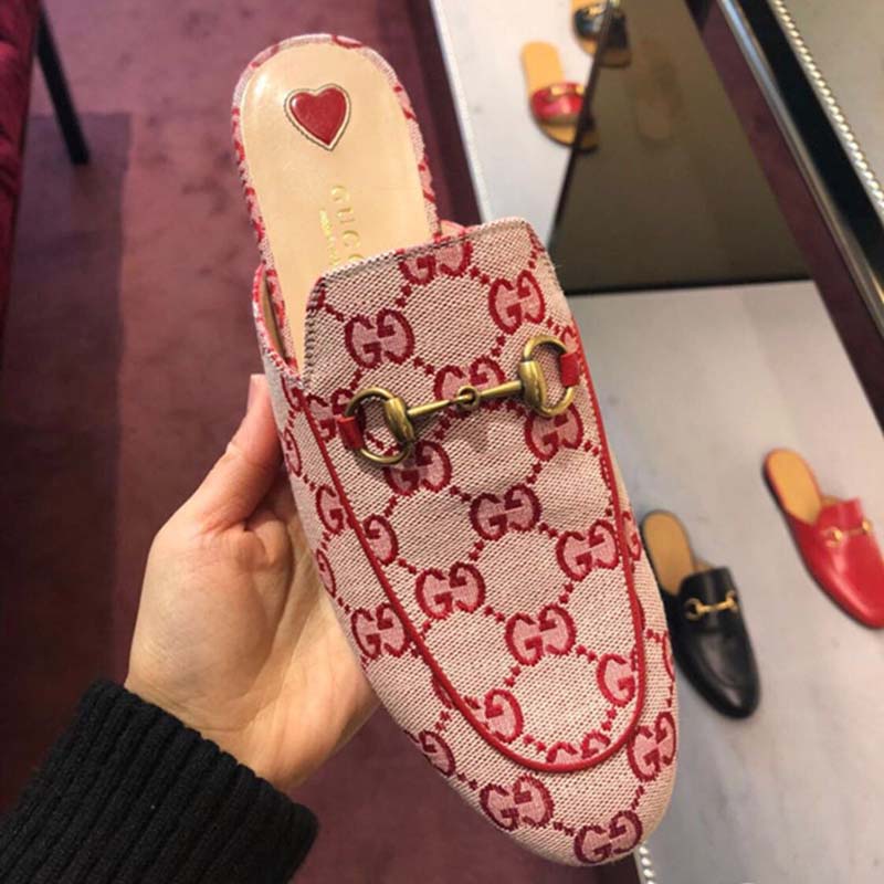 Gucci Women Shoes Princetown GG Canvas Slipper 10mm Heel-Pink