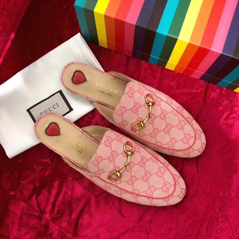 Gucci Women Shoes Princetown GG Canvas Slipper 10mm Heel-Pink