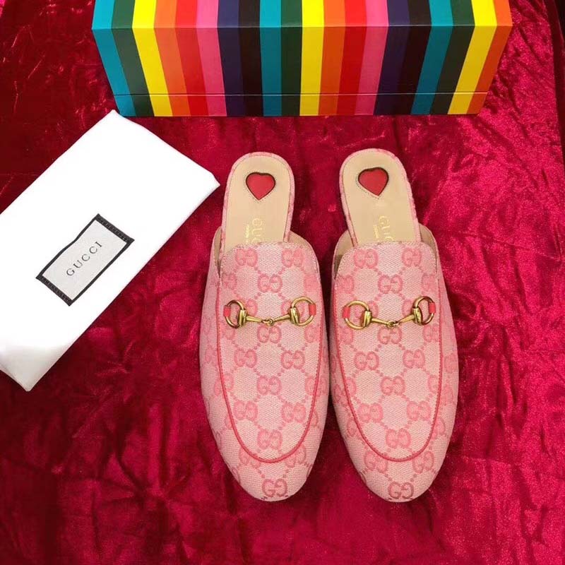 Gucci Women Shoes Princetown GG Canvas Slipper 10mm Heel-Pink