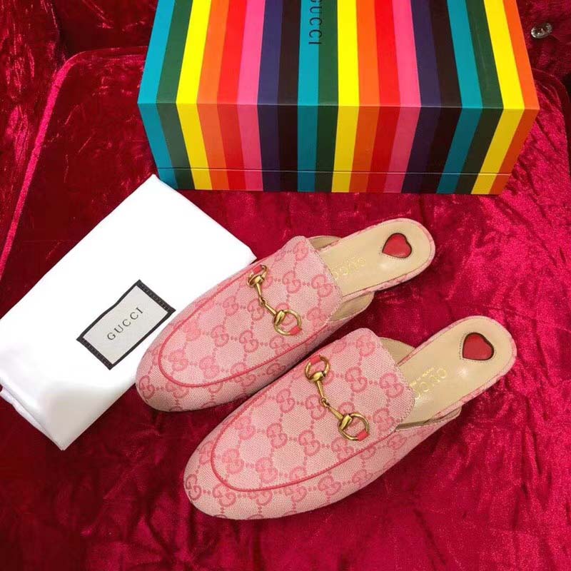 Gucci Women Shoes Princetown GG Canvas Slipper 10mm Heel-Pink