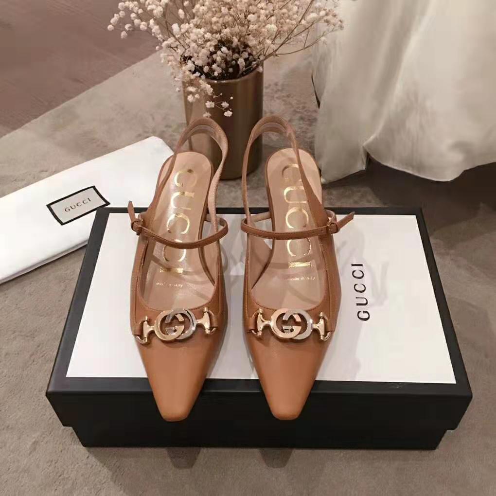 Gucci Women Zumi Leather Low-Heel Slingback Pump 4.6cm Height-Brown