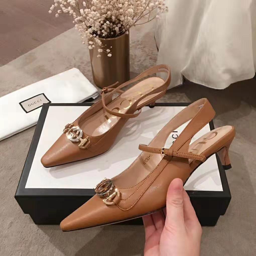 Gucci Women Zumi Leather Low-Heel Slingback Pump 4.6cm Height-Brown