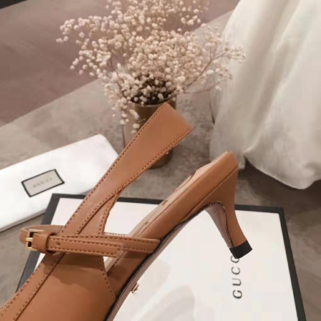 Gucci Women Zumi Leather Low-Heel Slingback Pump 4.6cm Height-Brown