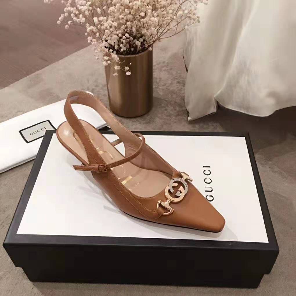 Gucci Women Zumi Leather Low-Heel Slingback Pump 4.6cm Height-Brown