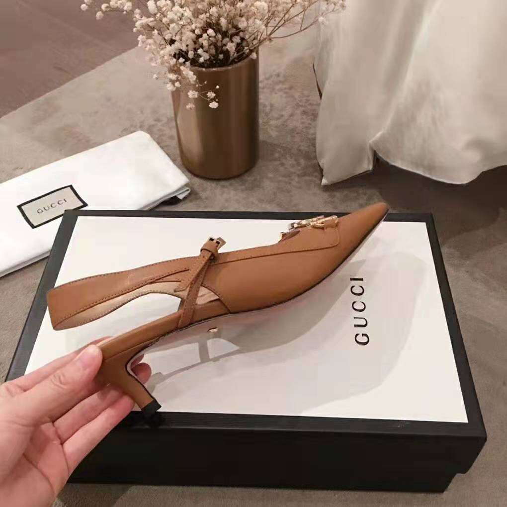 Gucci Women Zumi Leather Low-Heel Slingback Pump 4.6cm Height-Brown
