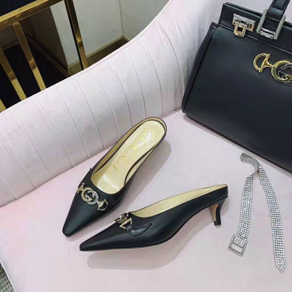 Gucci Women Zumi Leather Slide 4.6 cm Height-Black