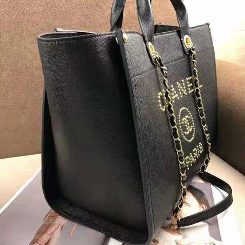 Chanel Women Chanel’s Large Tote Shopping Bag in Grained Calfskin Leather-Black