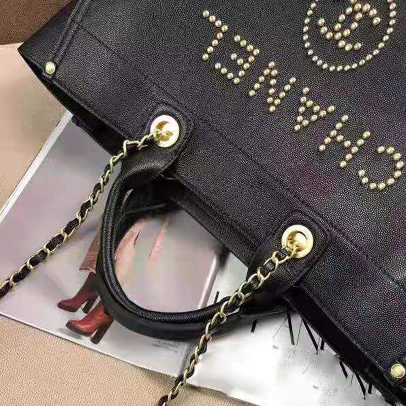 Chanel Women Chanel’s Large Tote Shopping Bag in Grained Calfskin Leather-Black