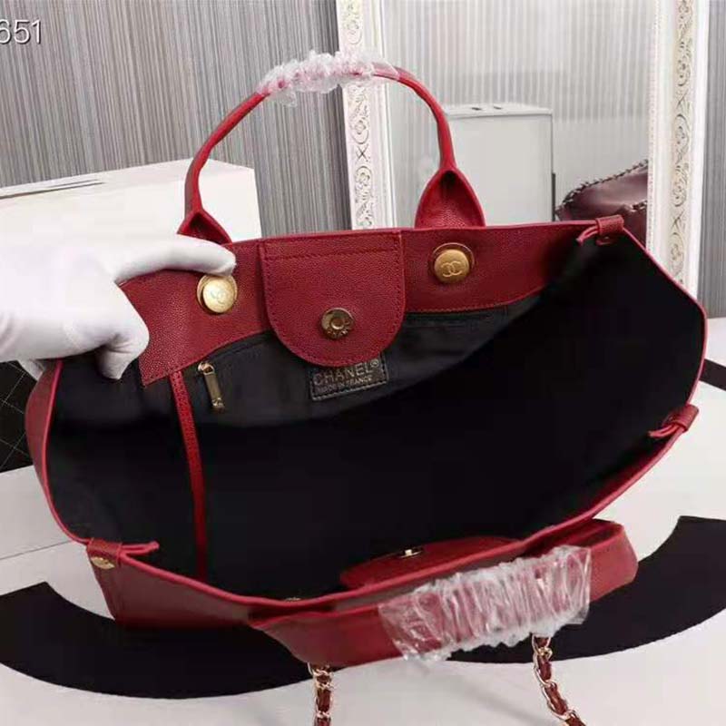 Chanel Women Chanel’s Large Tote Shopping Bag in Grained Calfskin Leather-Red