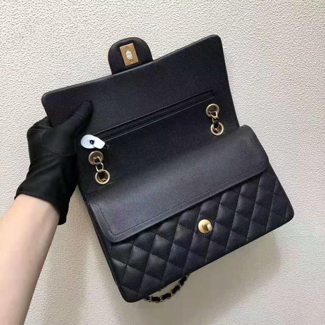 Chanel Women Classic Handbag in Grained Calfskin Leather-Black