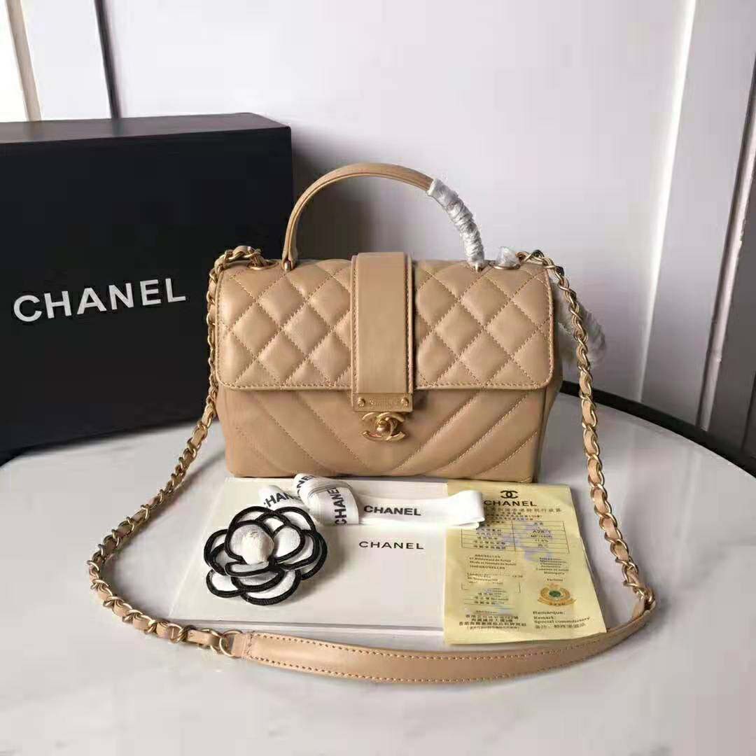 Chanel Women Flap Bag with Top Handle in Calfskin-Sandy