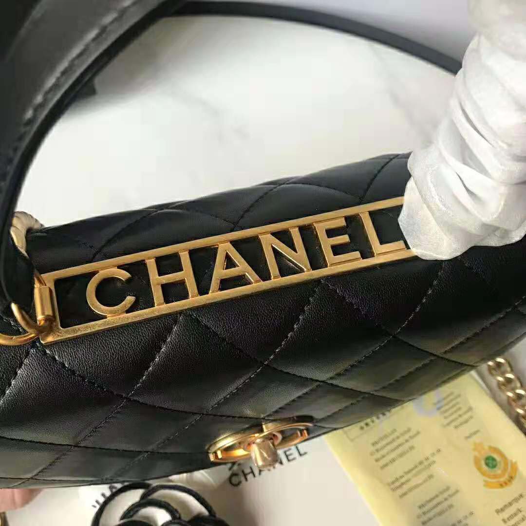 Chanel Women Flap Bag with Top Handle in Lambskin-Black