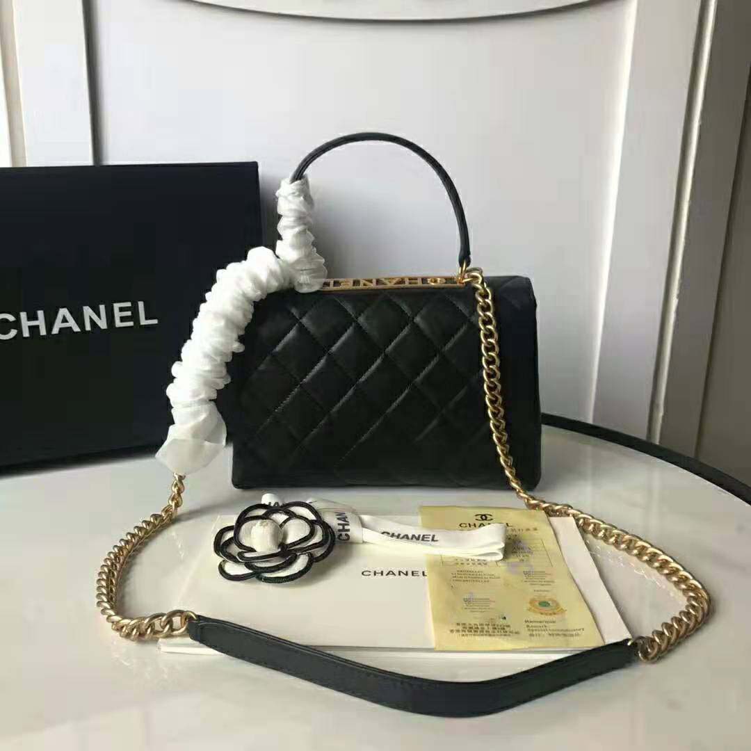 Chanel Women Flap Bag with Top Handle in Lambskin-Black