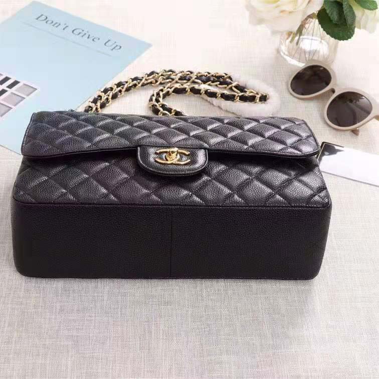 Chanel Women Large Classic Handbag in Grained Calfskin Leather-Black