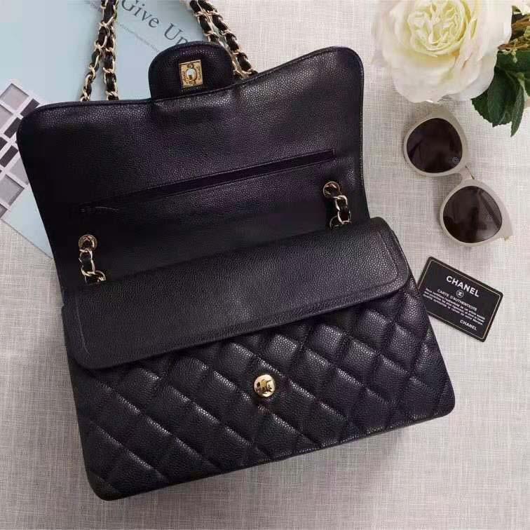 Chanel Women Large Classic Handbag in Grained Calfskin Leather-Black