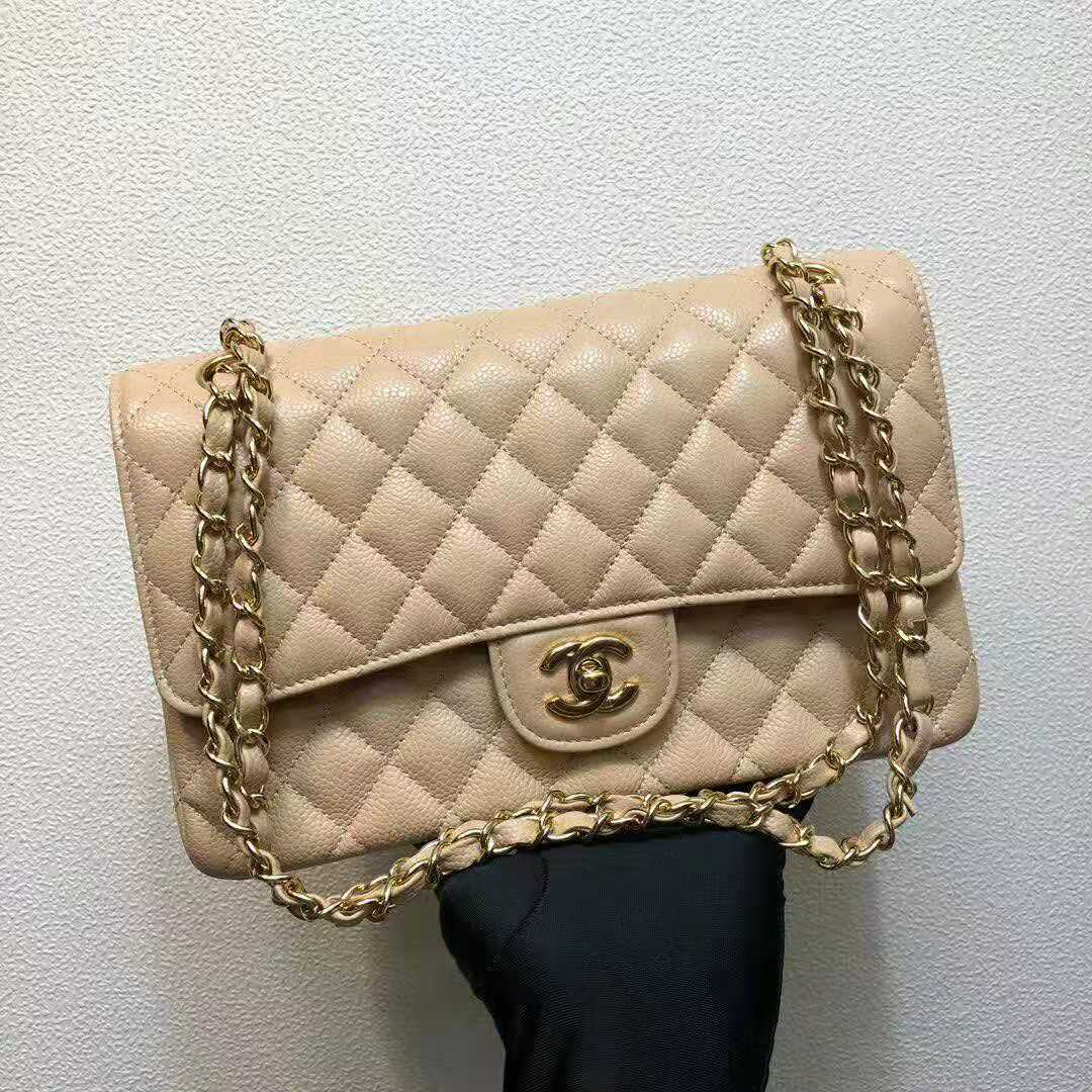 Chanel Women Large Classic Handbag in Grained Calfskin Leather-Sandy