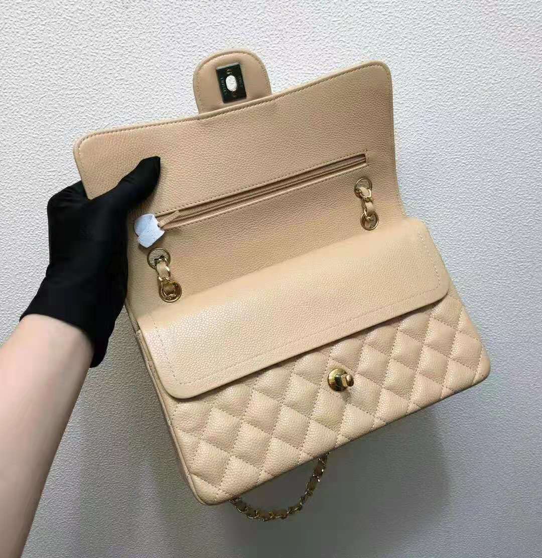 Chanel Women Large Classic Handbag in Grained Calfskin Leather-Sandy