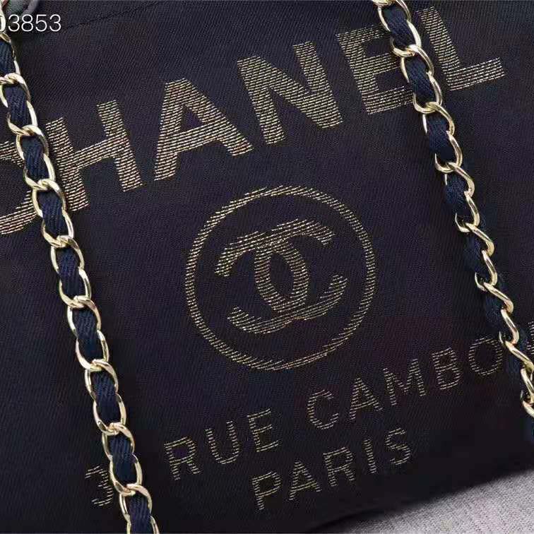 Chanel Women Large Shopping Bag in Mixed Fibers and Lurex Canvas-Navy