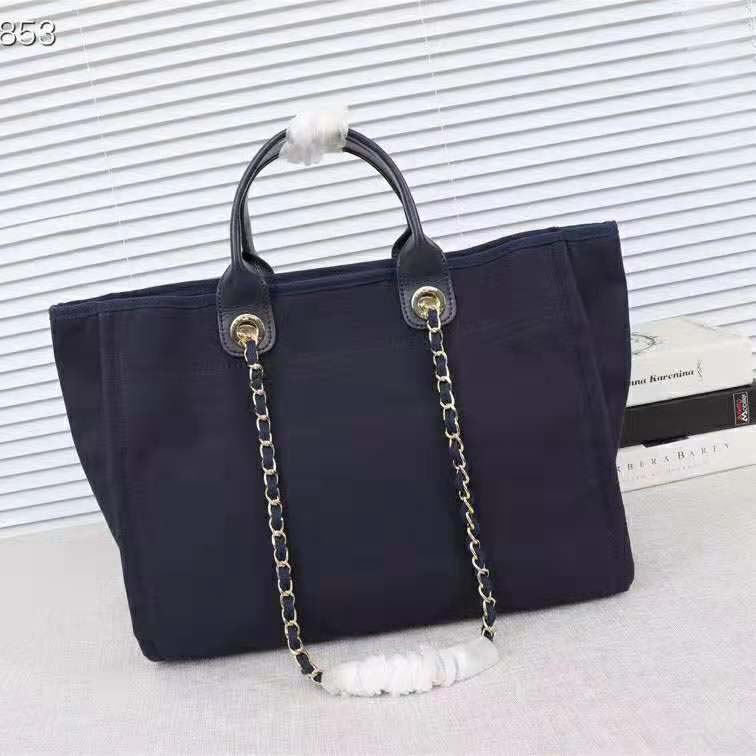 Chanel Women Large Shopping Bag in Mixed Fibers and Lurex Canvas-Navy