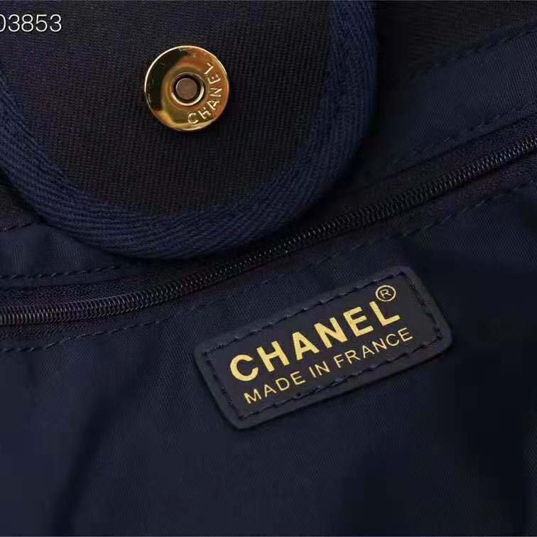 Chanel Women Large Shopping Bag in Mixed Fibers and Lurex Canvas-Navy