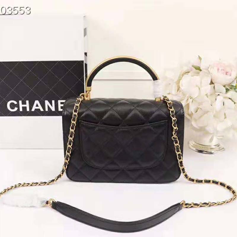 Chanel Women Organ Bag with Top Handle in Embossed Calfskin Leather-Black