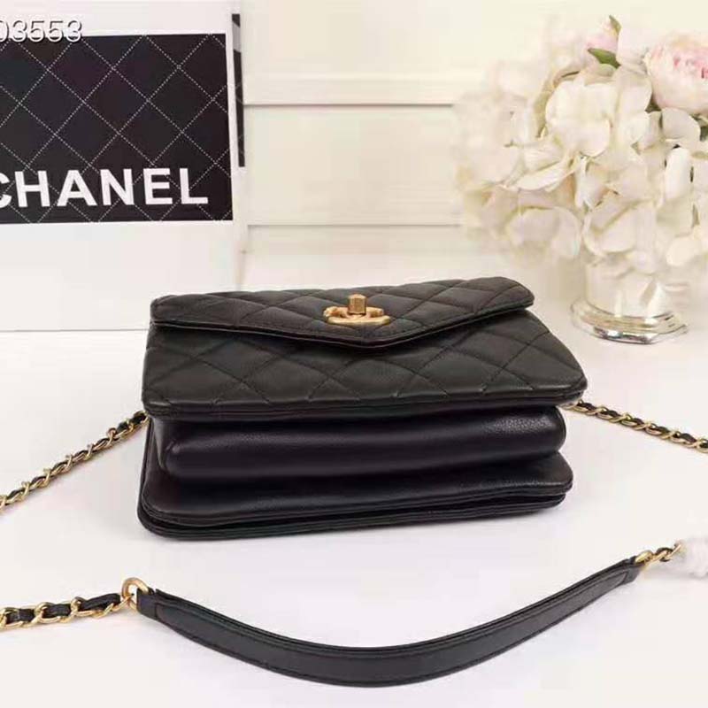 Chanel Women Organ Bag with Top Handle in Embossed Calfskin Leather-Black