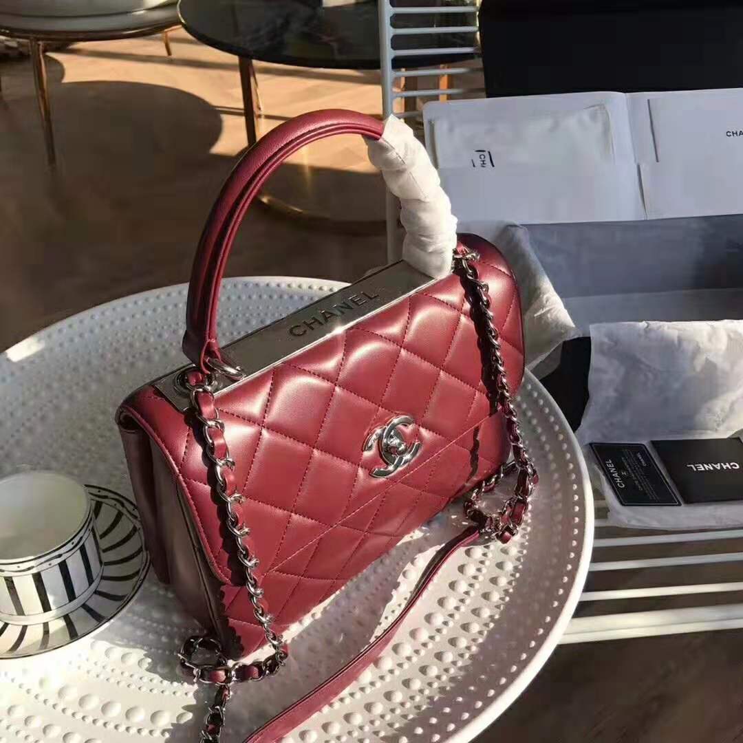Chanel Women Small Flap Bag with Top Handle in Lambskin Leather-Maroon