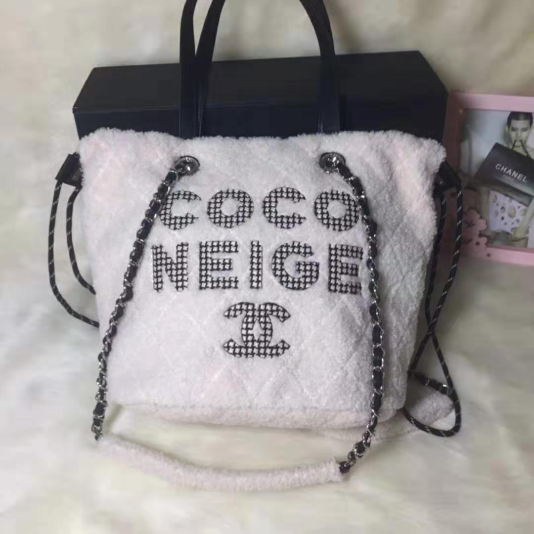 Chanel Women Small Shopping Bag in Shearling Sheepskin Leather-White