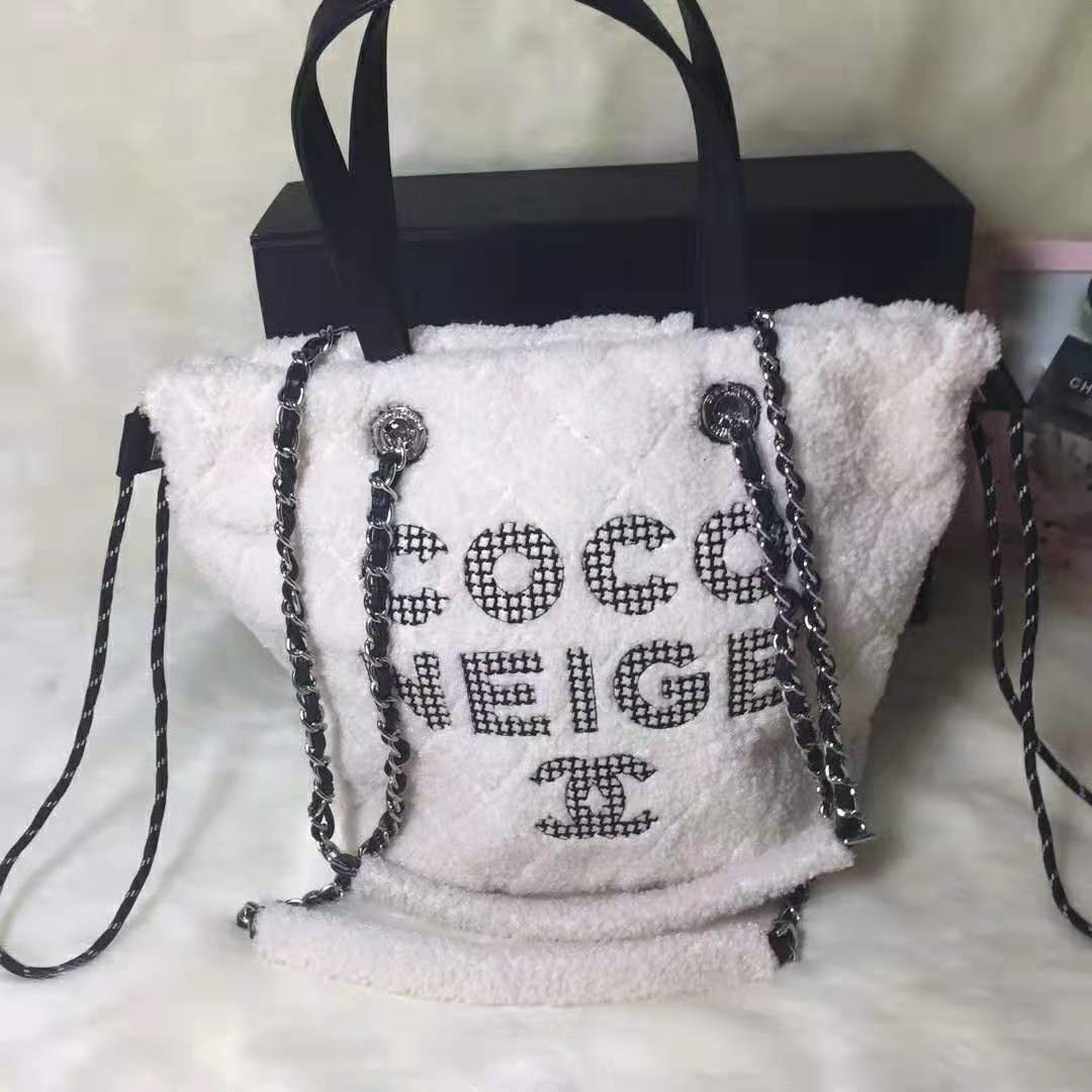 Chanel Women Small Shopping Bag in Shearling Sheepskin Leather-White