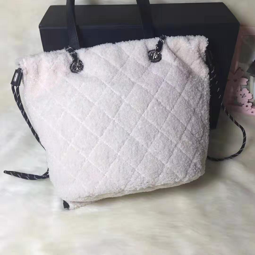 Chanel Women Small Shopping Bag in Shearling Sheepskin Leather-White