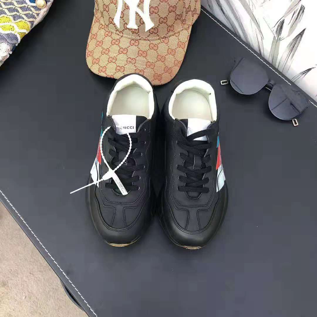 Gucci Men Rhyton Web Print Leather Sneaker in 5.1 cm Height-Black