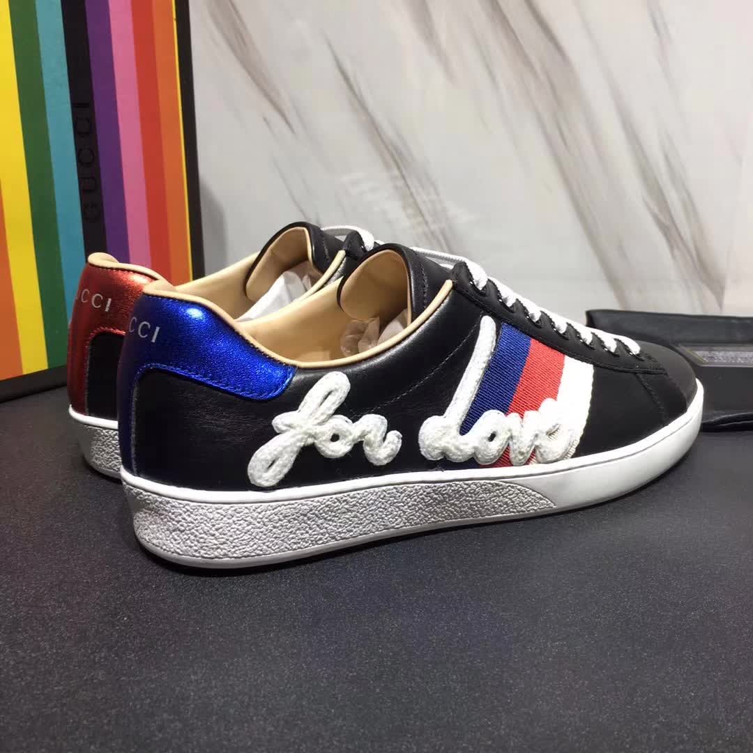 Gucci Men Ace Embroidered Sneaker Shoes in Leather with Sylvie Web-Black