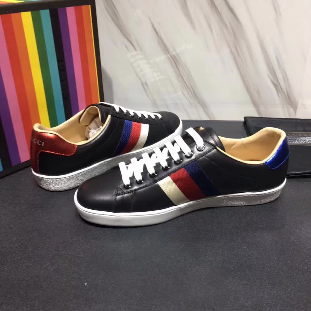 Gucci Men Ace Embroidered Sneaker Shoes in Leather with Sylvie Web-Black