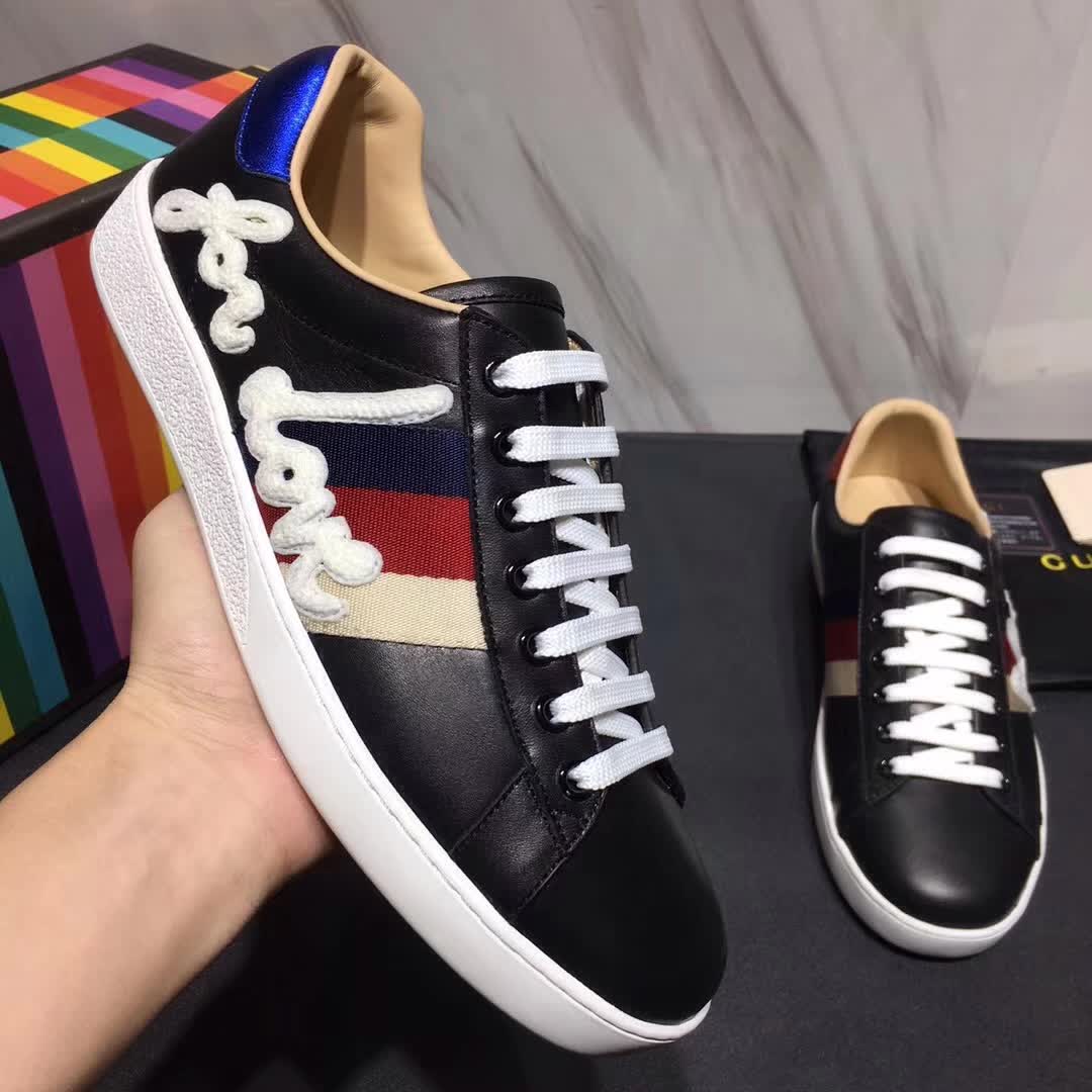 Gucci Men Ace Embroidered Sneaker Shoes in Leather with Sylvie Web-Black