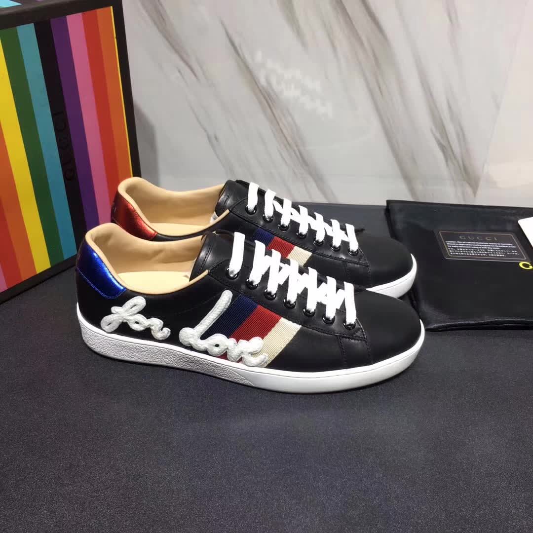 Gucci Men Ace Embroidered Sneaker Shoes in Leather with Sylvie Web-Black
