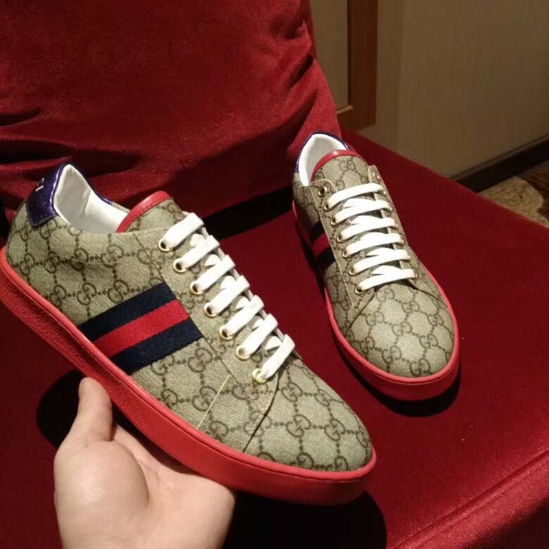 Gucci Men Ace GG Supreme Canvas Sneaker Shoes-Red