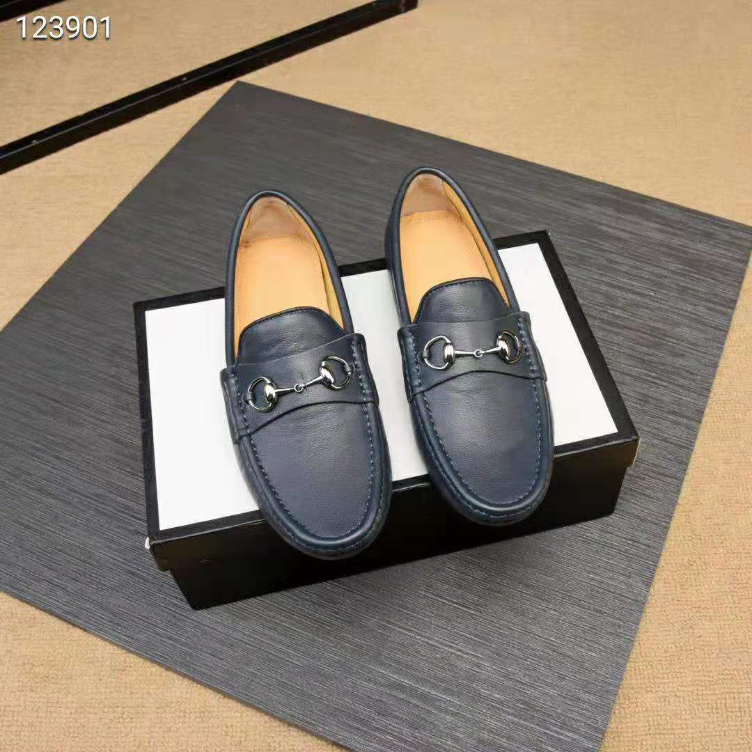 Gucci Men Leather Driver with Horsebit-Navy