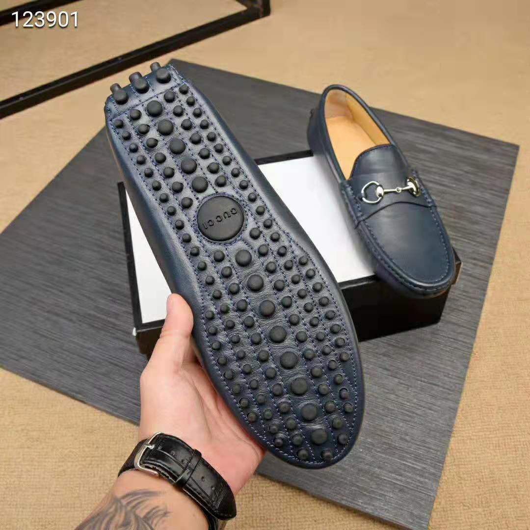 Gucci Men Leather Driver with Horsebit-Navy