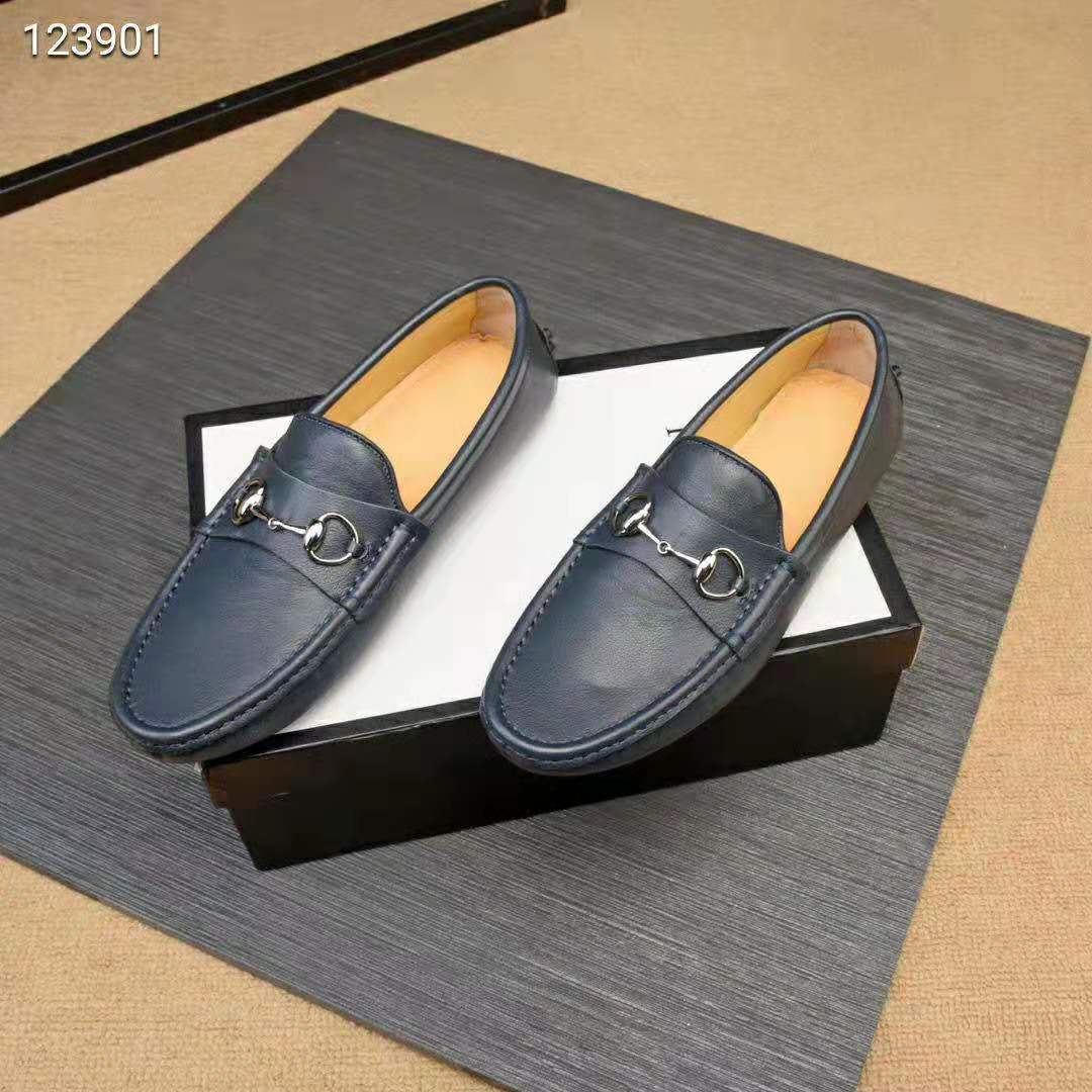 Gucci Men Leather Driver with Horsebit-Navy