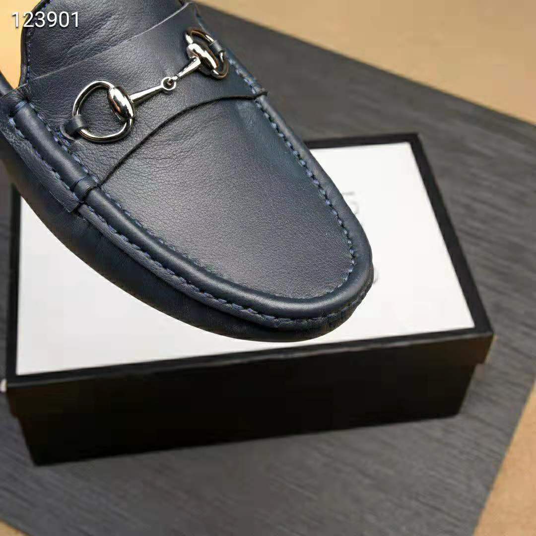 Gucci Men Leather Driver with Horsebit-Navy