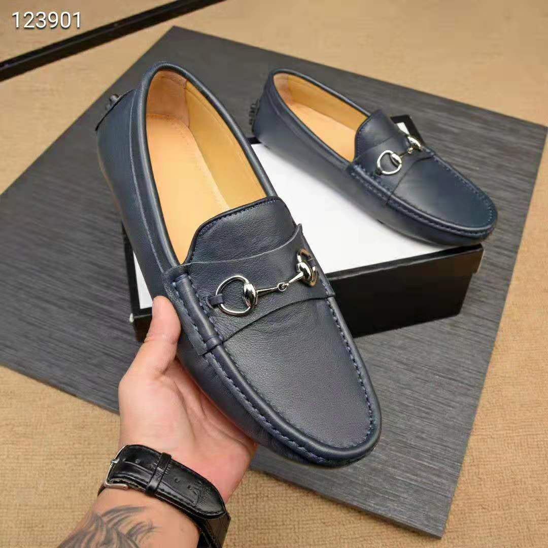 Gucci Men Leather Driver with Horsebit-Navy