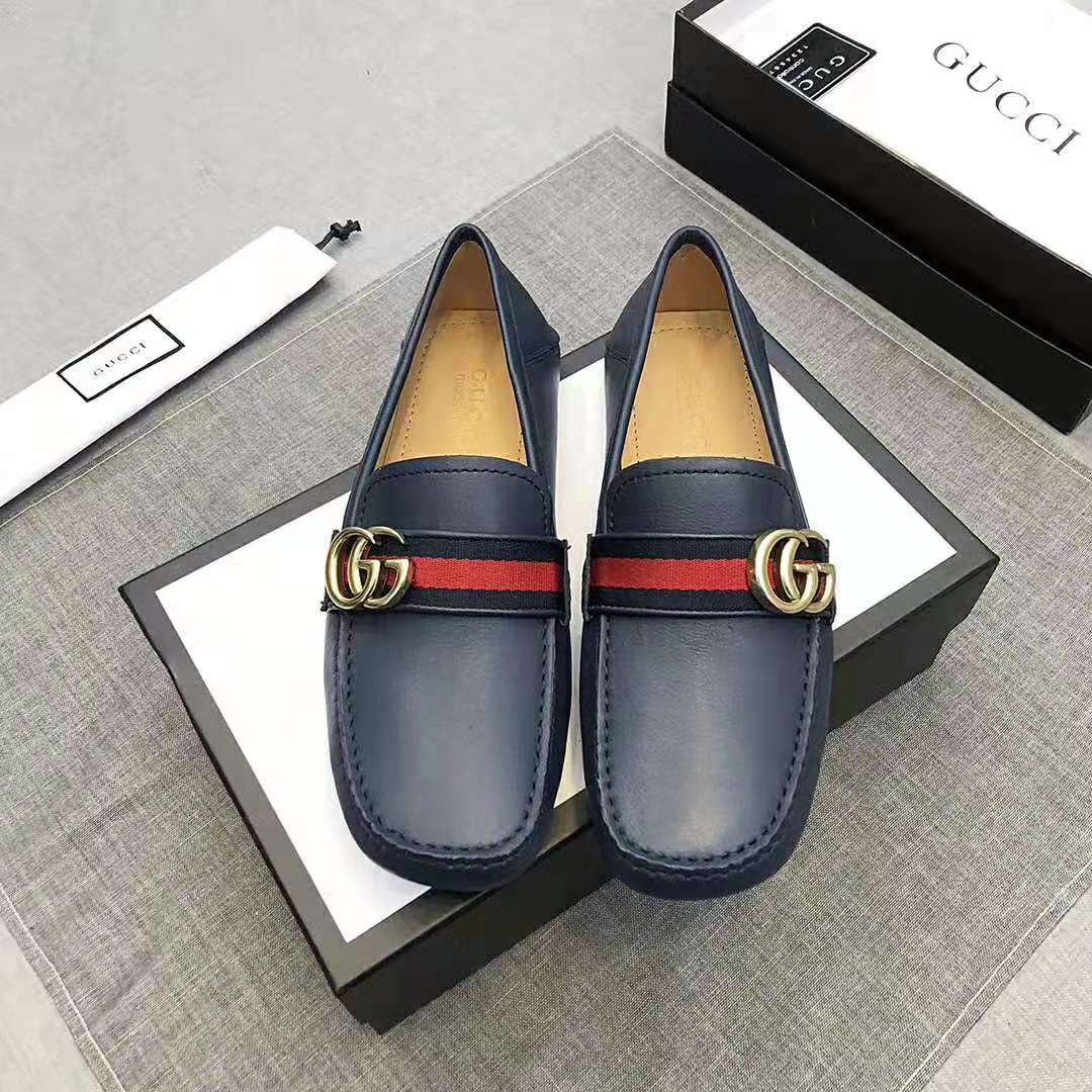 Gucci Men Leather Driver with Web-Navy
