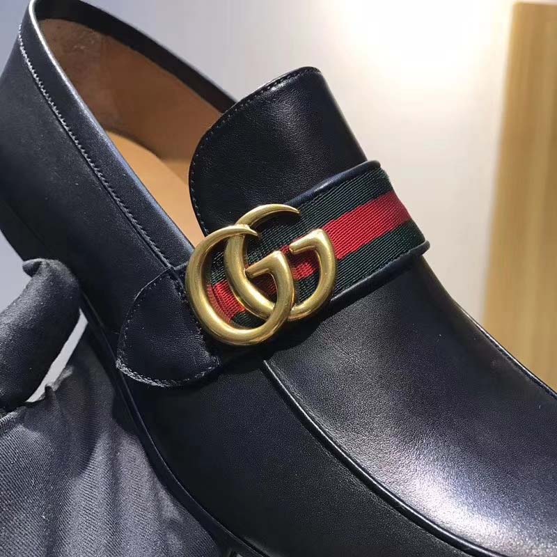 Gucci Men Leather Loafer with GG Web Shoes-Black